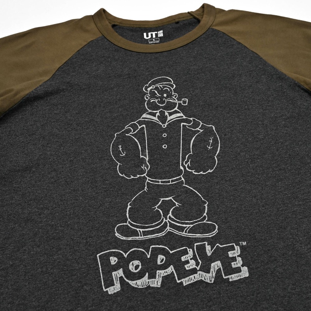 UNIQLO UT x Popeye The Sailor‎ Raglan 3/4 Sleeve T-Shirt Size Small Gray Olive